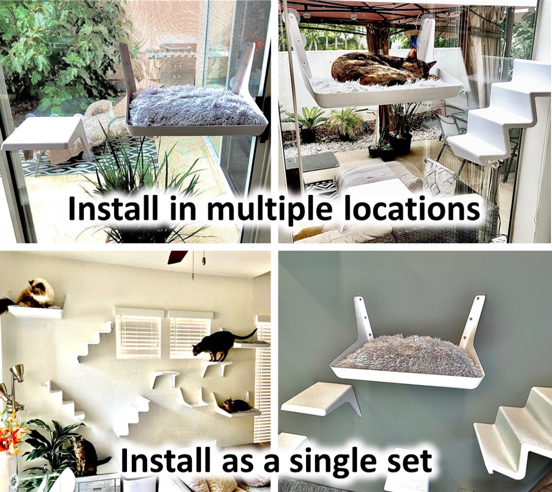 Kitty Skyline sells cat shelves (cat lounges, steps and stairs) that offer unlimited placement for unlimited design.